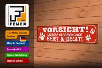 Holzschild Spruch 46x10cm Vorsicht unsere Alarmanlage beißt und bellt Hund