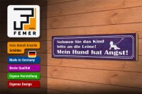 Holzschild Spruch 46x10cm Kind an die Leine Hund hat Angst Dekoration