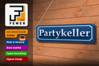 Blechschild Hinweis 46x10 cm Partykeller blaues Schild