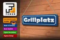 Blechschild Hinweis 46x10 cm Grillplatz blaues Schild