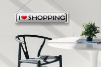 Blechschild Spruch 46x10 cm I love shopping Herz weißes Schild