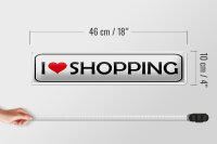 Blechschild Spruch 46x10 cm I love shopping Herz weißes Schild
