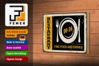 Holzschild Retro 18x12cm Restaurant Essen Fine Food Drinks