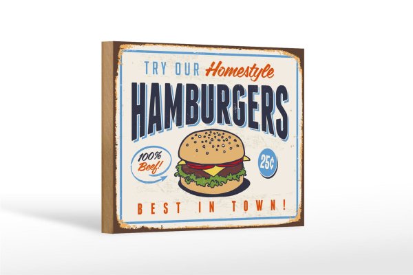 Holzschild Retro 18x12cm hamburgers best in town