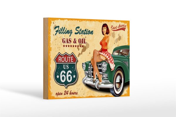Holzschild Pinup 18x12cm Retro Gas Oil open 24 hours