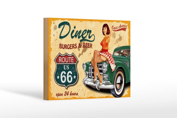 Holzschild Pinup 18x12cm Retro diner burgers beer