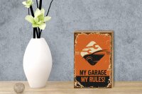 Holzschild Retro 12x18cm Auto my garage my rules