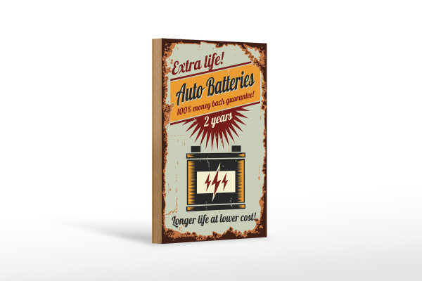 Holzschild Retro 12x18cm Auto Batteries extra life