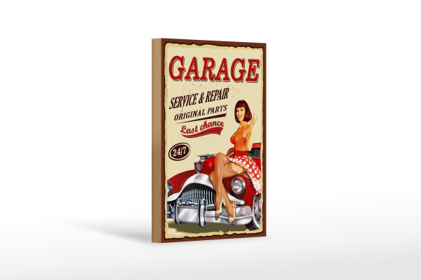 Holzschild Pinup 12x18cm Retro Garage service repair 24/7