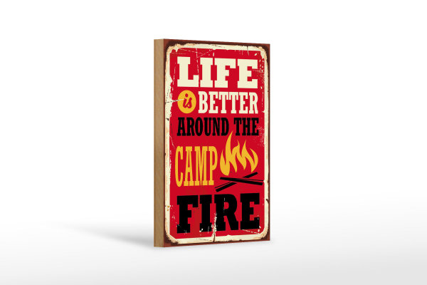 Holzschild Retro 12x18cm life better camp fire Camping rot