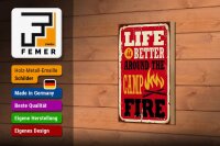 Holzschild Retro 12x18cm life better camp fire Camping rot