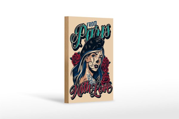 Holzschild Pinup 12x18cm Tattoo from Paris with love
