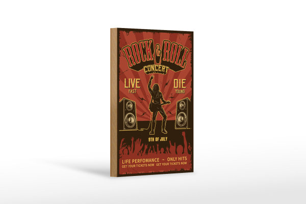 Holzschild Retro 12x18cm Rock&Roll Concert live 9th july