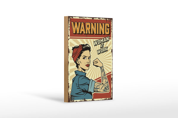 Holzschild Retro 12x18cm Pinup warning women at work Frau