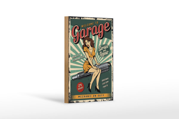 Holzschild Retro 12x18cm Pinup welcome Garage 24 service