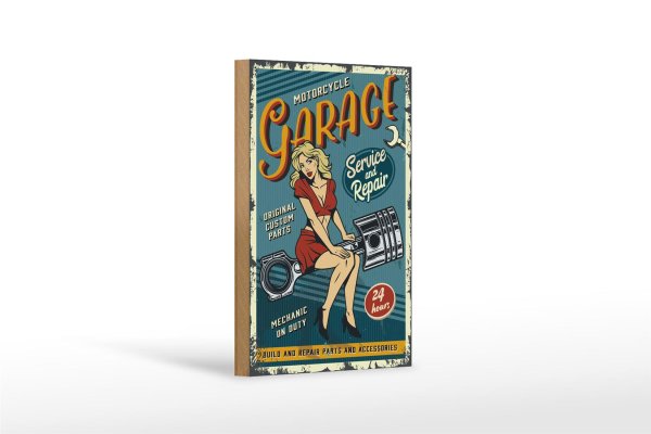 Holzschild Retro 12x18cm Pinup motorcycle Garage 24 service