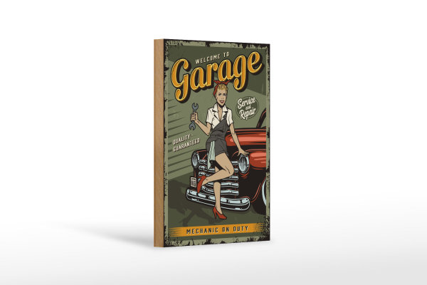Holzschild Retro 12x18cm Pinup welcome to Garage service