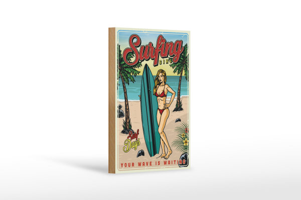 Holzschild Retro 12x18cm Pin Up Surfing Girl Sommer Party