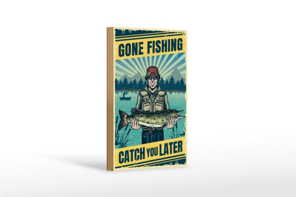 Holzschild Retro 12x18cm Gone Fishing Angeln