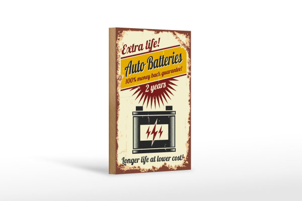 Holzschild Retro 12x18cm Extra Life Auto Batteries