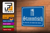 Holzschild Hinweis 18x12cm Stammtisch hier sitzen (blau)