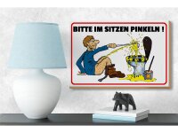 Holzschild Hinweis 18x12cm Bitte Sitzen pinkeln Mann auf Boden