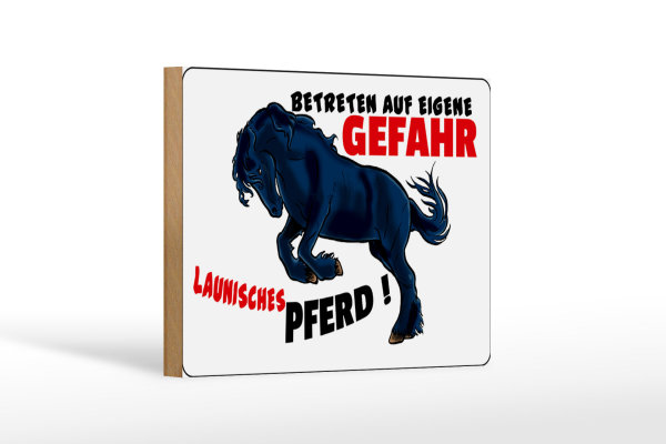 Holzschild Hinweis 18x12 cm launisches Pferd Gefahr
