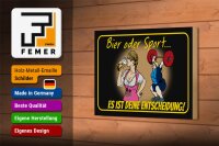 Holzschild Pinup 12x18 cm Bier oder Sport  Entscheidung