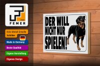 Holzschild Hinweis 18x12cm Hund will nicht nur spielen weiß
