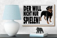 Holzschild Hinweis 18x12cm Hund will nicht nur spielen weiß