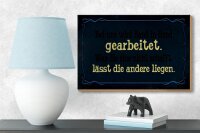 Holzschild Spruch 18x12cm bei uns Hand in Hand gearbeitet blau