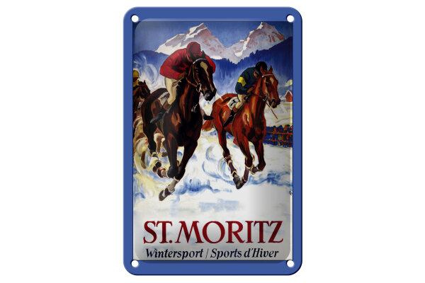 Blechschild Reise 12x18 cm St. Moritz Wintersport Pferde Reiter Deko Schild