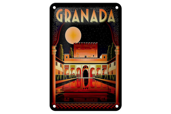 Blechschild Reise 12x18 cm Granada Spanien bei Nacht Deko Schild