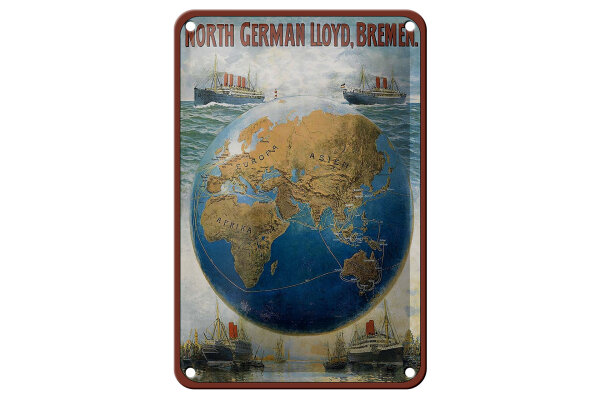 Blechschild Reise 12x18 cm North German Lloyd Bremen Weltkugel Schiffe Schild