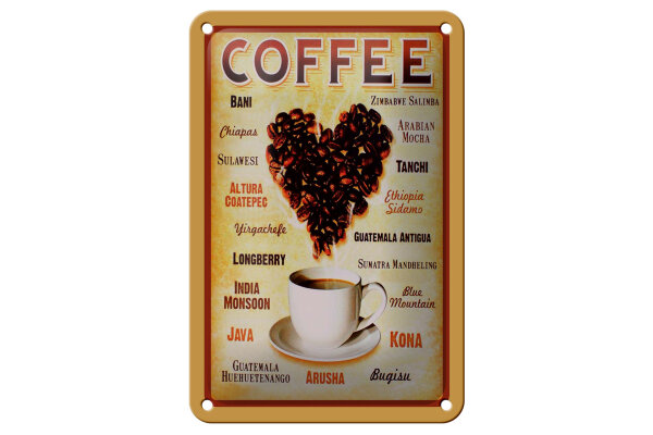 Blechschild Kaffee 12x18 cm Kaffesorten Herz aus Kaffeebohnen Deko Schild