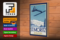 Holzschild Reise 20x30 cm St.Moritz Engadin Skispringer Schnee Deko Schild