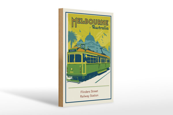 Holzschild Reise 20x30 cm Melbourne Australia Flinders Street Straßenbahn