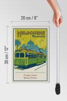 Holzschild Reise 20x30 cm Melbourne Australia Flinders Street Straßenbahn