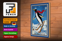 Holzschild Reise 20x30 cm Schweiz Stoos Pinguin auf Ski Deko Schild