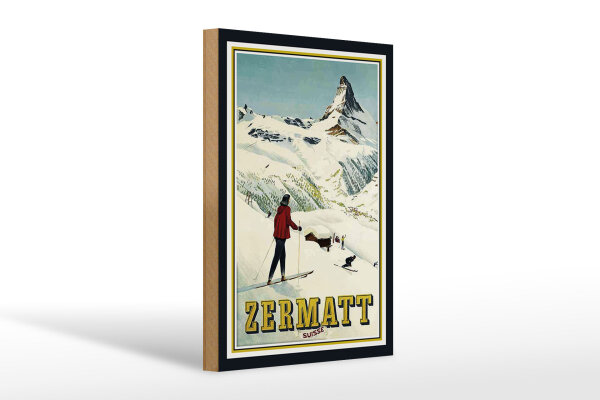 Holzschild Reise 20x30 cm Zermatt Schweiz Frau auf Ski Winter Deko Schild