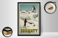 Holzschild Reise 20x30 cm Zermatt Schweiz Frau auf Ski Winter Deko Schild