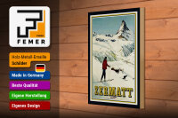Holzschild Reise 20x30 cm Zermatt Schweiz Frau auf Ski Winter Deko Schild