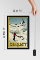 Holzschild Reise 20x30 cm Zermatt Schweiz Frau auf Ski Winter Deko Schild