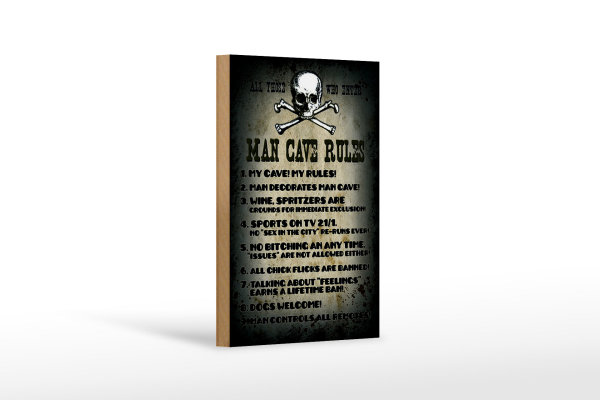 Holzschild Spruch 12x18cm Man cave rules wine spritzers
