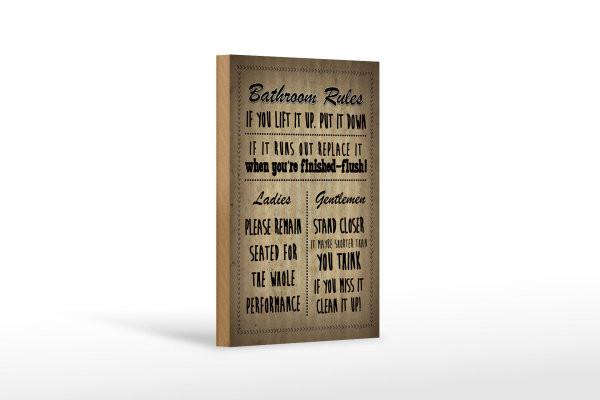 Holzschild Spruch 12x18cm Bathroom Rules Ladies Gentlemen