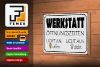 Holzschild Spruch 18x12cm Werkstatt Licht an offen dicht