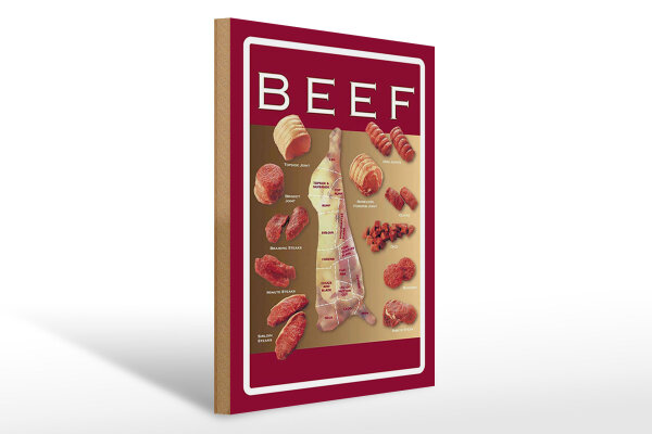 Holzschild Metzgerei 30x40 cm beef cut verschiedene Stücke vom Fleisch Schild