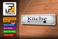 Blechschild Hinweis 46x10 cm Küche Pfeil links Schnörkel Deko Schild