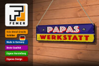 Blechschild Hinweis 46x10 cm Papas Werkstatt blaues Deko Schild