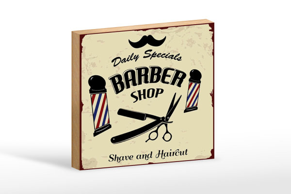 Holzschild Spruch 12x18cm Barbershop shave and haircut